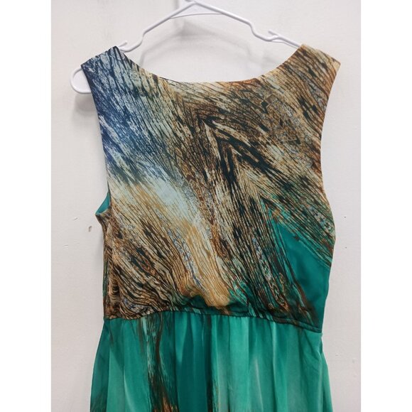 Rabbit Rabbit Rabbit Designs Womens Asymmetric Midi Dress Sz 14 Teal Brown Artsy - Picture 7 of 8